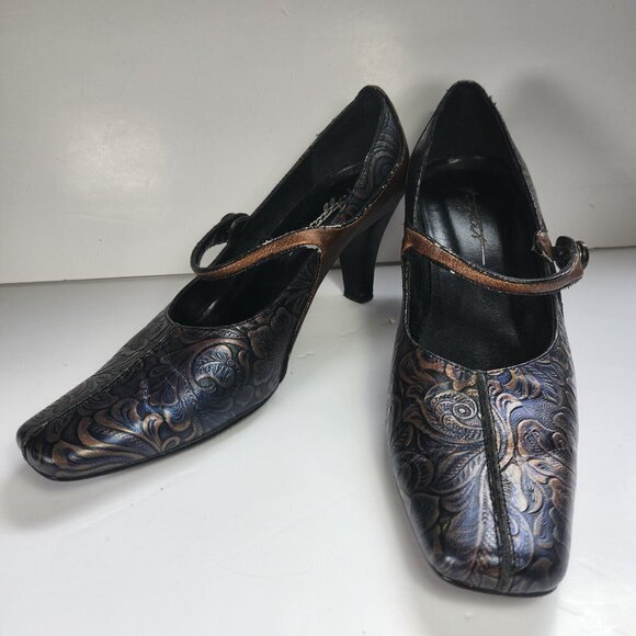 Art Effects Shoes Heels Size 7 Embossed Tooled Leather Look Square Toe 2 3/4" - Picture 1 of 13
